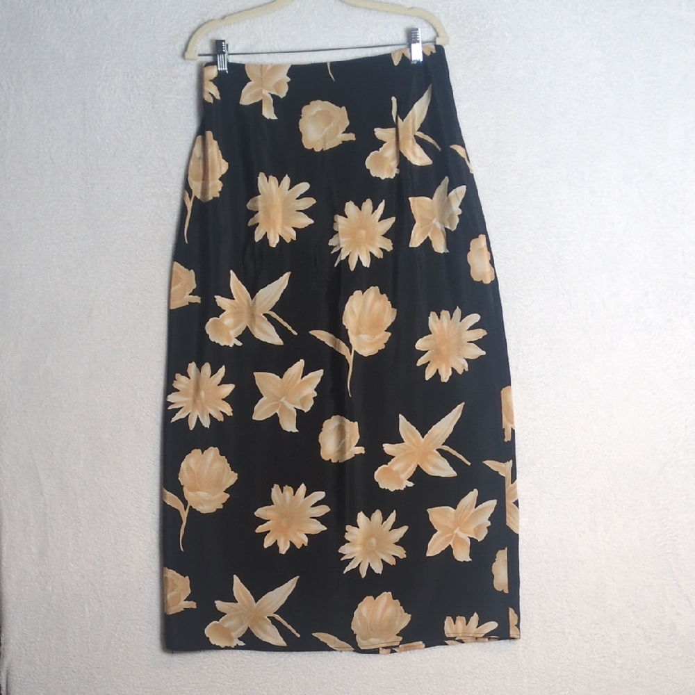 Black & Yellow Floral Vintage Formal Midi Skirt Size L
